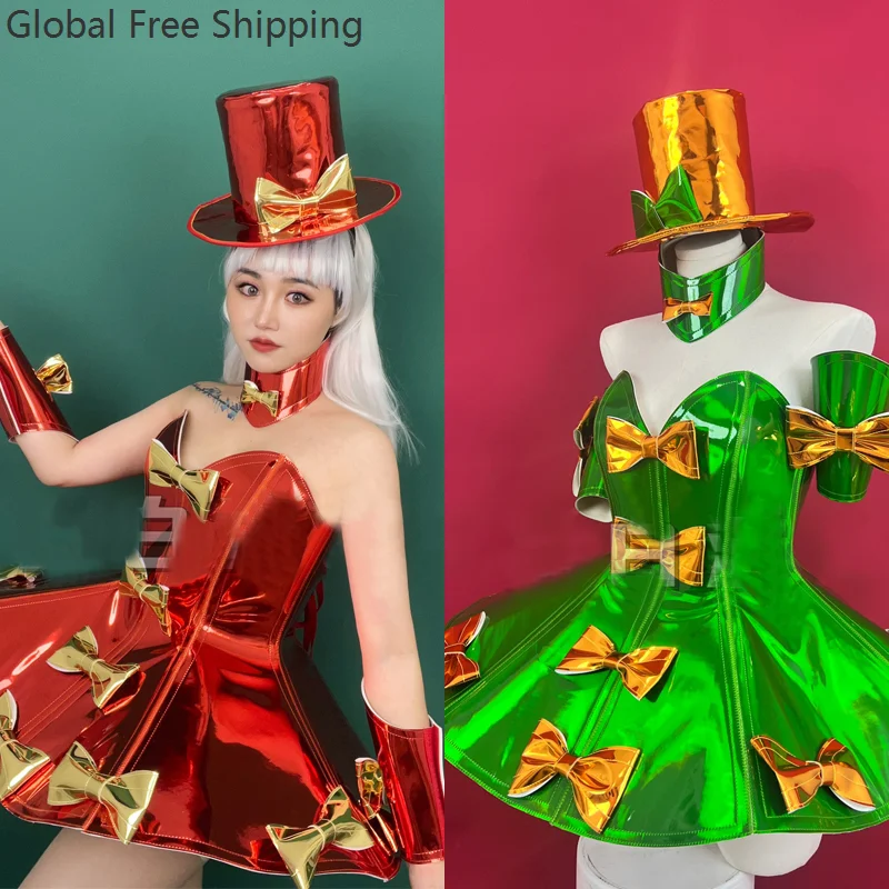 

Greenred Bow Tie Party Dress Hat Sexy Dancer Costume Women's Holiday Cosplay Armor Skirt Christmas Stage Performance Costume