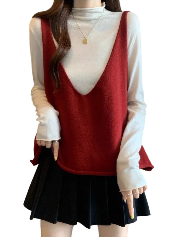 Chaleco de punto rojo V-Ne para mujer, Top holgado con capas de talla grande, ropa de maternidad cómoda e informal para principios de otoño