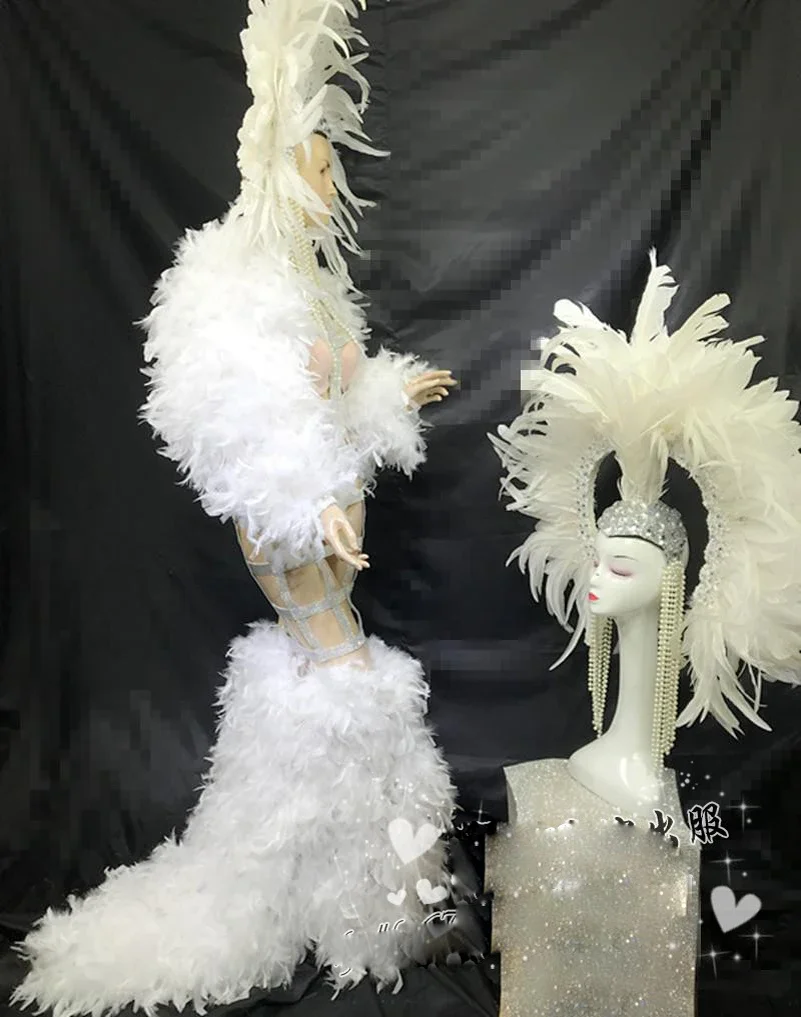 New  hollow tail skirt gogo commercial stage costumes black white feather headdress