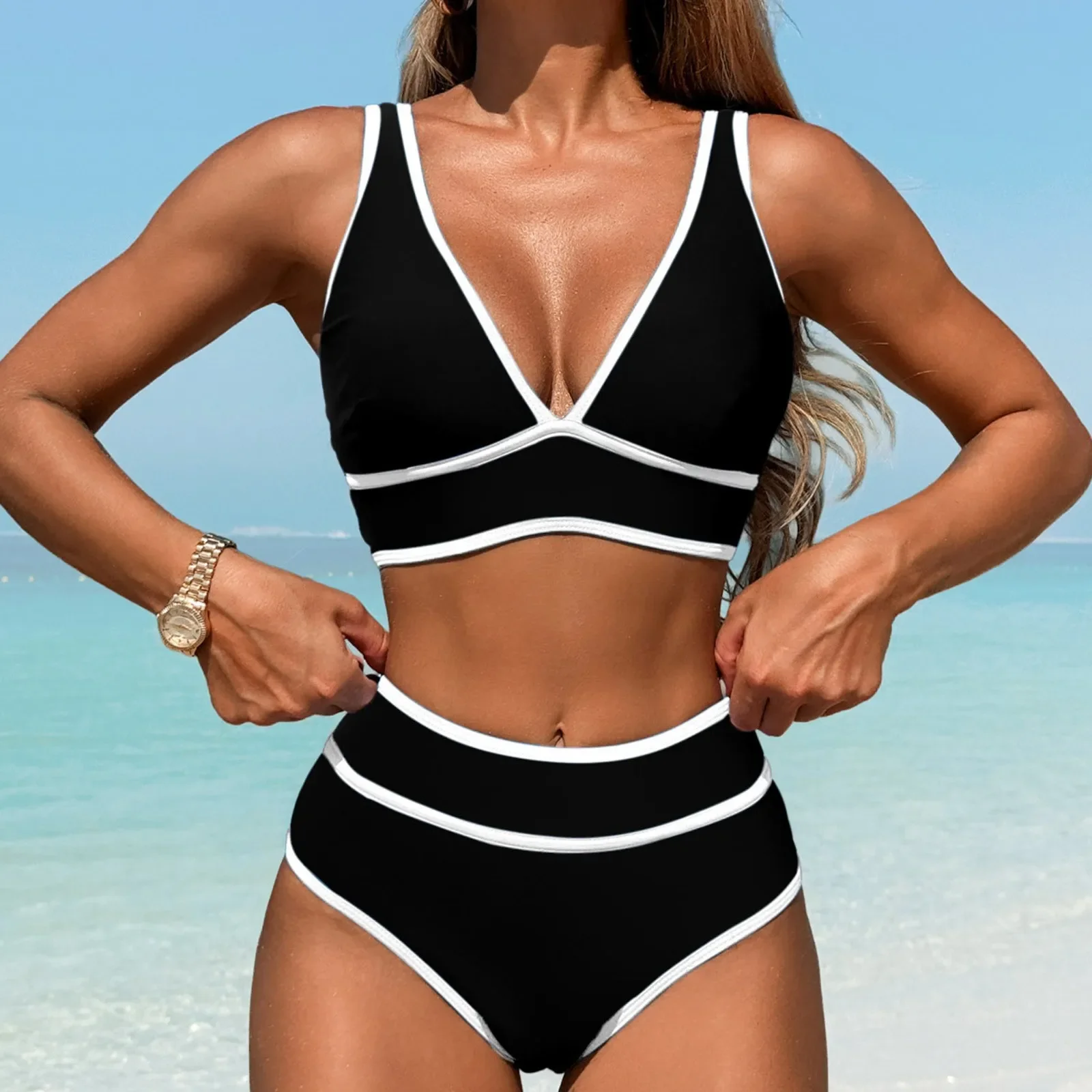 

Bikini 2025 Women High Waisted Bikini Sets Two Piece Swimsuits Color Block Bathing Suit Swim Vest Trunks For Women'S Clothes