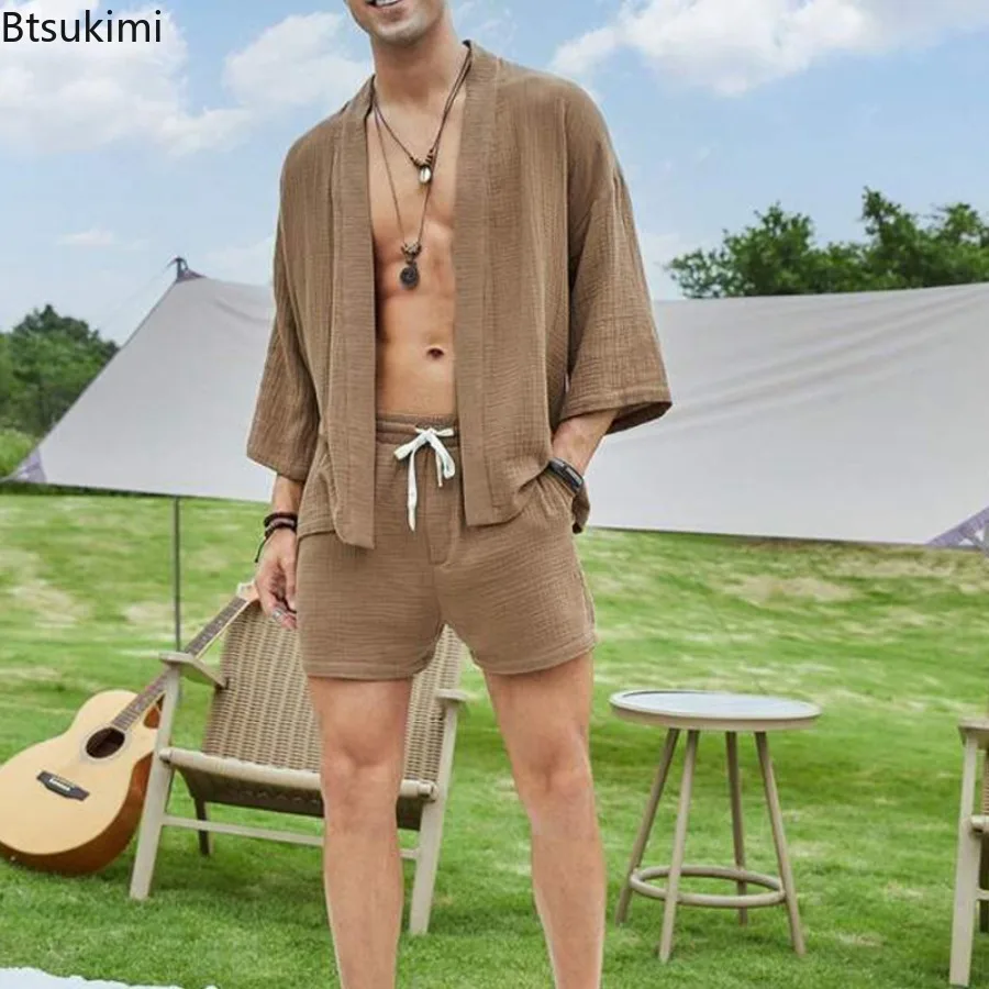 Summer Fashion New Men's Clothing Two Piece Sets Vintage Casual Cardigans and Shorts Male Solid Loose Leisure Vacation Outfits