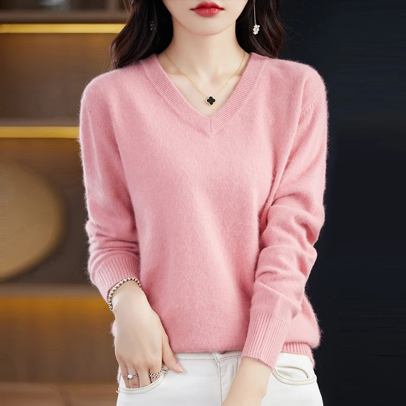 Women\'s pullover super warm pure mink cashmere sweater V-neck loose women\'s clothes ladies solid color sweater top.