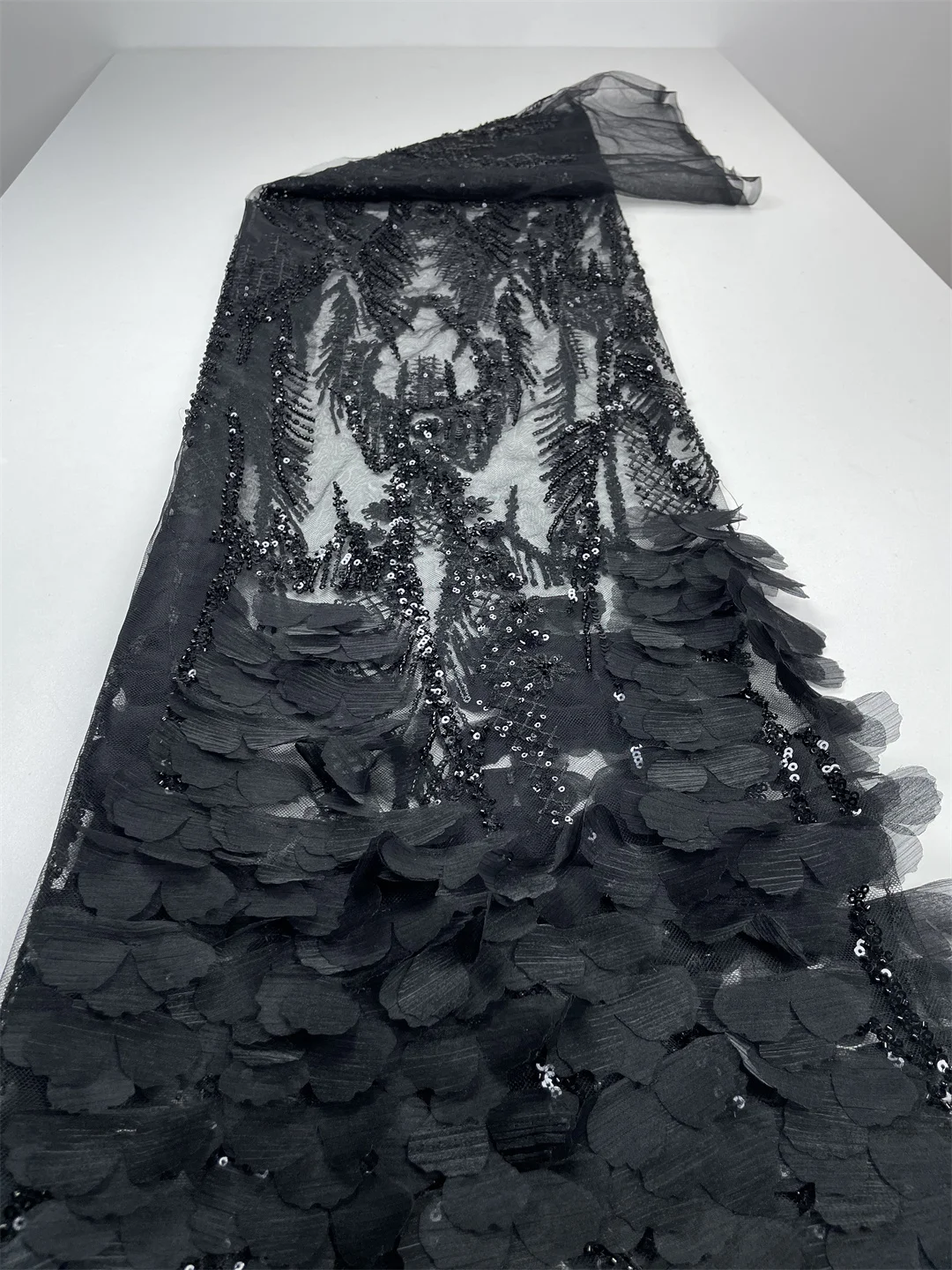 

Black African 3D Flower Lace Fabric African Crystal Sequins Lace Fabric 2025 High Quality Mesh Groom Lace For Sewing Party Dress
