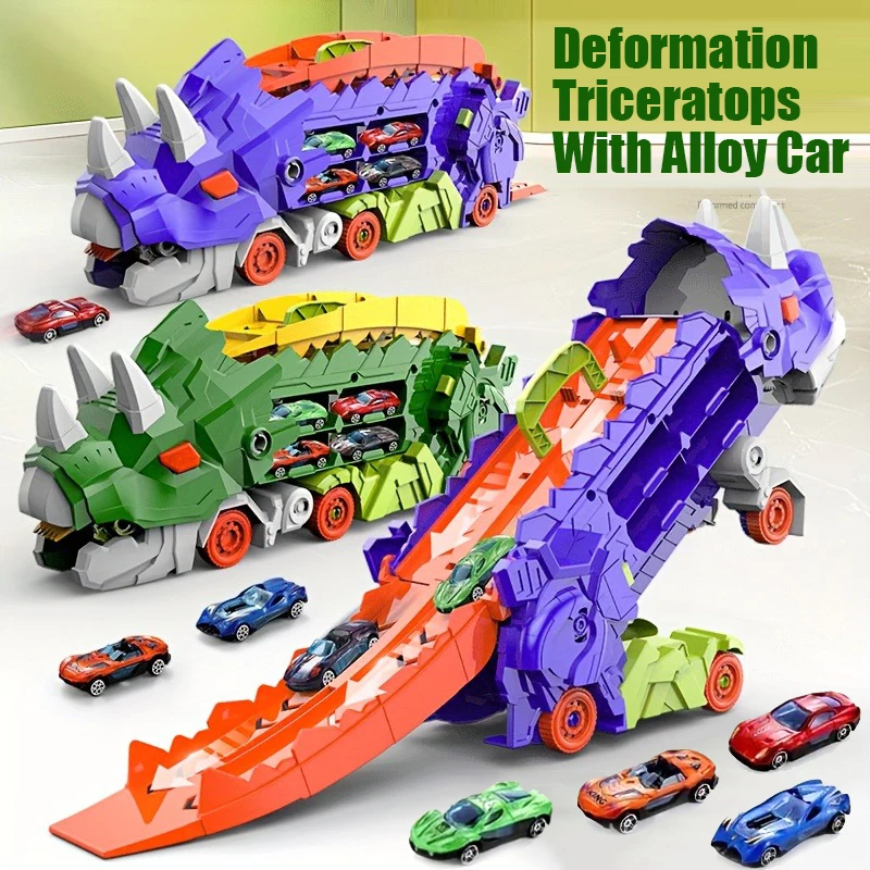 Triceratops Deformation Dinosaur Car Model Pull Back Alloy Car Track Parking Lot Ejection Foldable Children Educational Toys