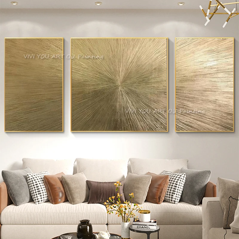 100% Handmade Modern Golden Line Oil Painting On Canvas 3 Pieces/set Golden Color Abstract Wall Art Picture For Room No Framed