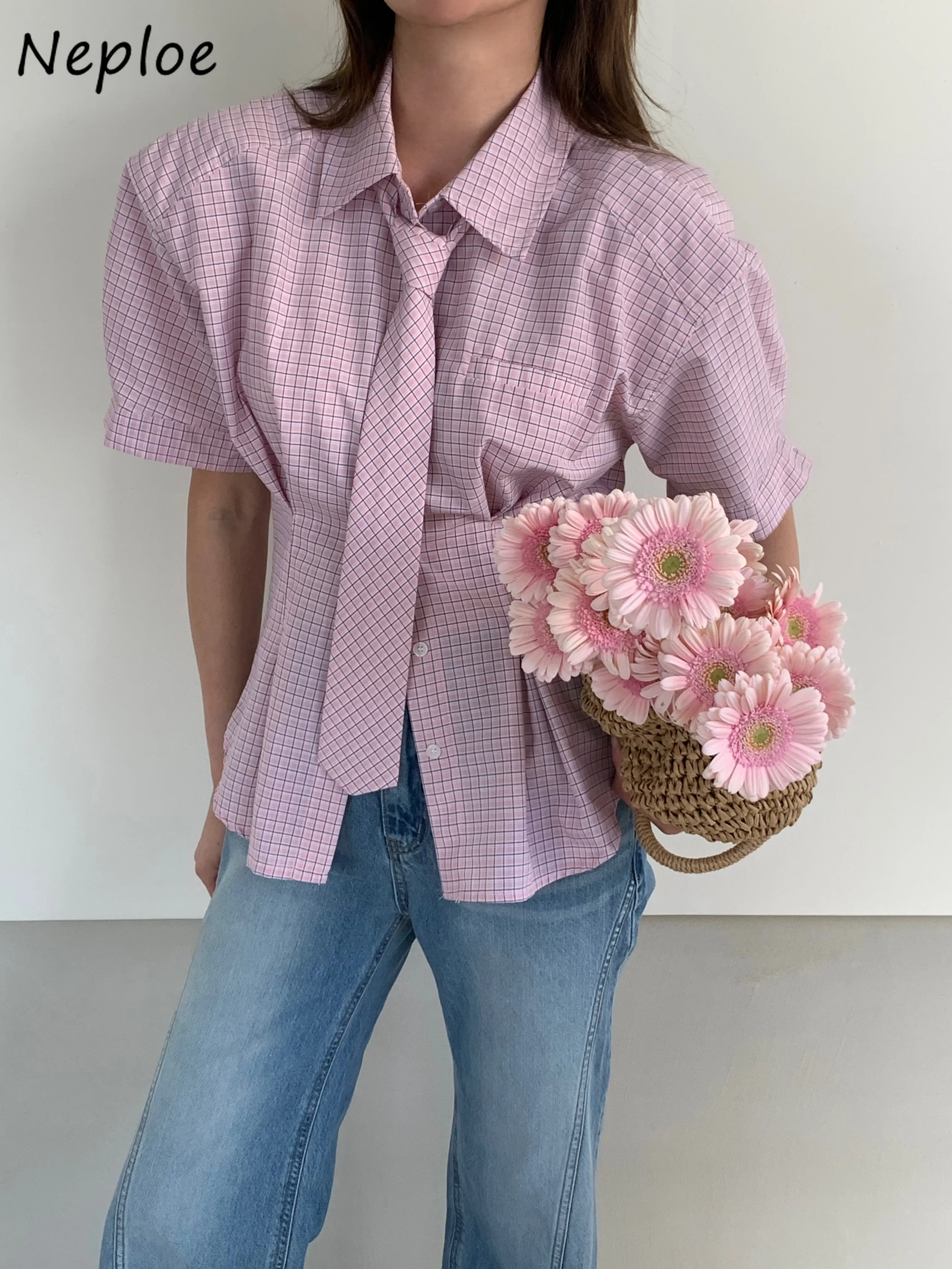 

Neploe Casual Age Reduction Korea Vintage Shirt All-match Short Preppy Style Plaid Blouses Slim Waist Tie Minority Simple Blusas