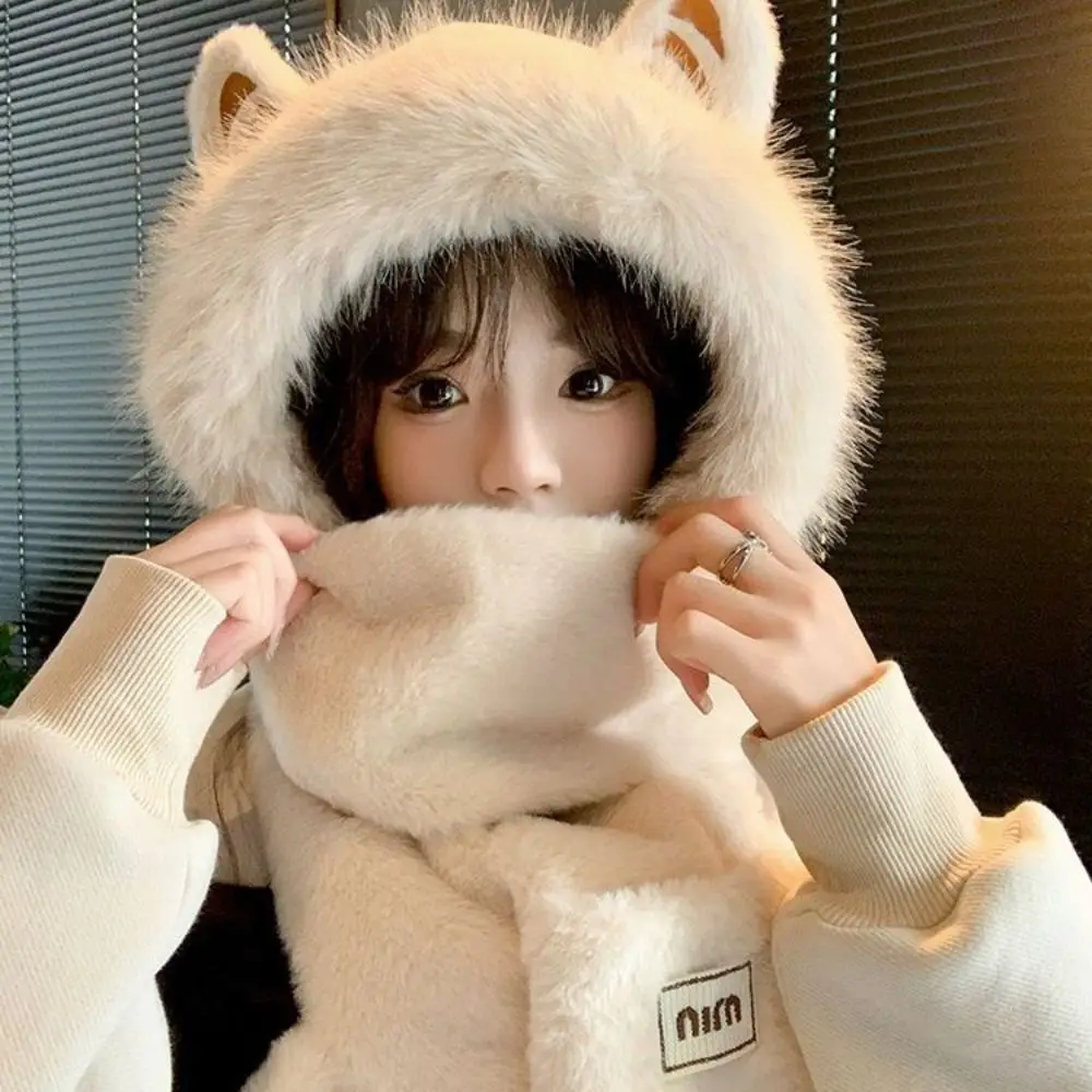 Thickened Plush Hat Scarf Gloves Set Winter Warm Cute Ear Women Beanies Caps Neck Warmer Outdoor Ear Protection Caps Cycling