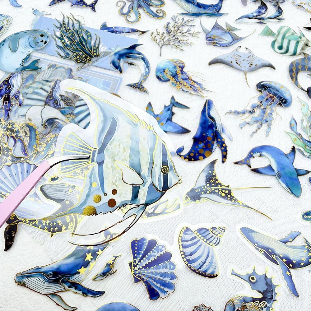 50pcs Marine Organism Fish Shell Gold Stamping PET Stickers Decals For Bottle Scrapbook Suitcase Helmet DIY Aesthetic Stickers