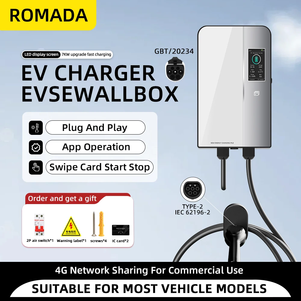 

ROMADA 32A 7KW Type2 Кабель Зарядная станция для электромобилей Wallbox Автомобильное зарядное устройствоBluetooth APP Control IEC62196 Зарядное устройство для электромобиля CE