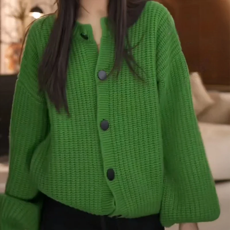 

Вязаный кардиган для женщин, уютный однотонный свитер с длинными рукавами, куртка на пуговицах с круглым вырезом, осень-зима, повседневная Suéter Ligero