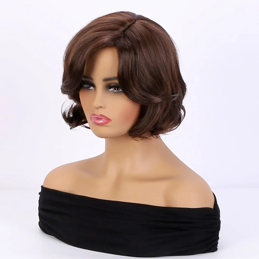 Perucas sintéticas curtas de corte pixie marrom com franja perucas de cabelo encaracolado para mulheres peruca cosplay diária fibra resistente ao calor