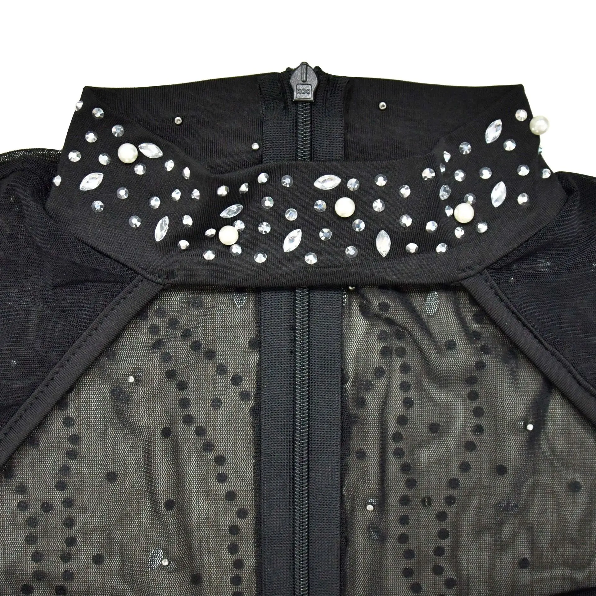 Mono elegante de manga larga para mujer, moda 20224, cuello medio alto, Color sólido, ropa femenina con diamantes calientes, mono de malla Sexy negro