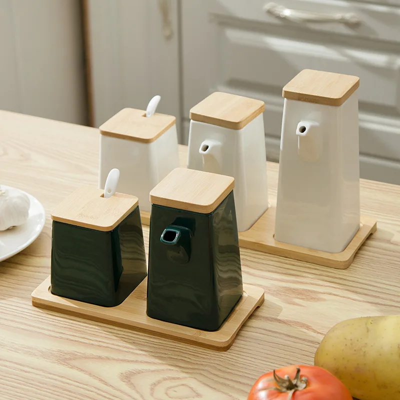 Square Wooden Lid Ceramic Oil Bottle, Spice Jar Set, Salt Bottle, Seasoning Box, Kitchen Seasoning Tools&Oil Bottle，spice Jar