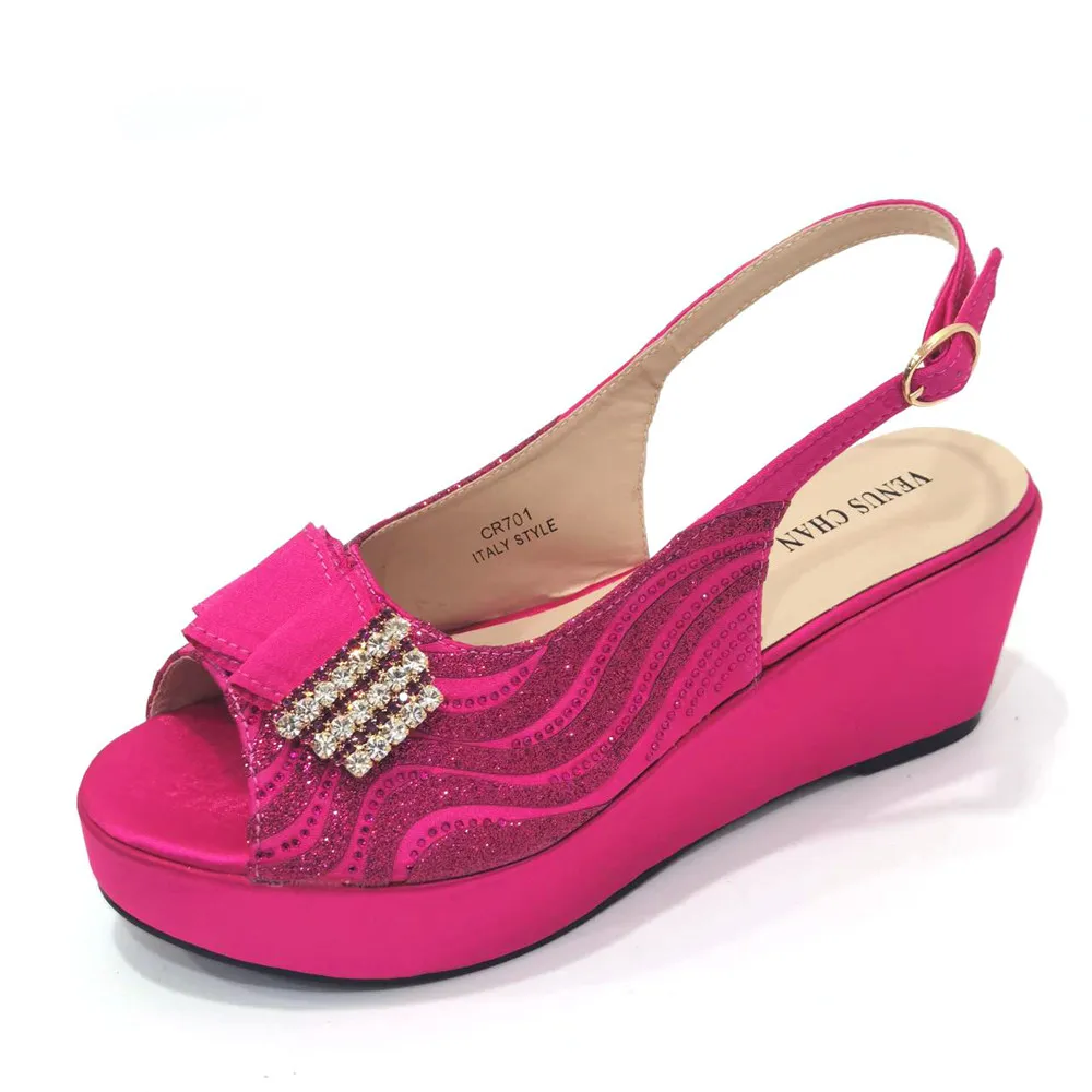 Venus Chan-cuñas de boda de diseño italiano para mujer, zapatos de tacón alto, Color fucsia, conjunto de bolso a juego, nigeriano para fiesta