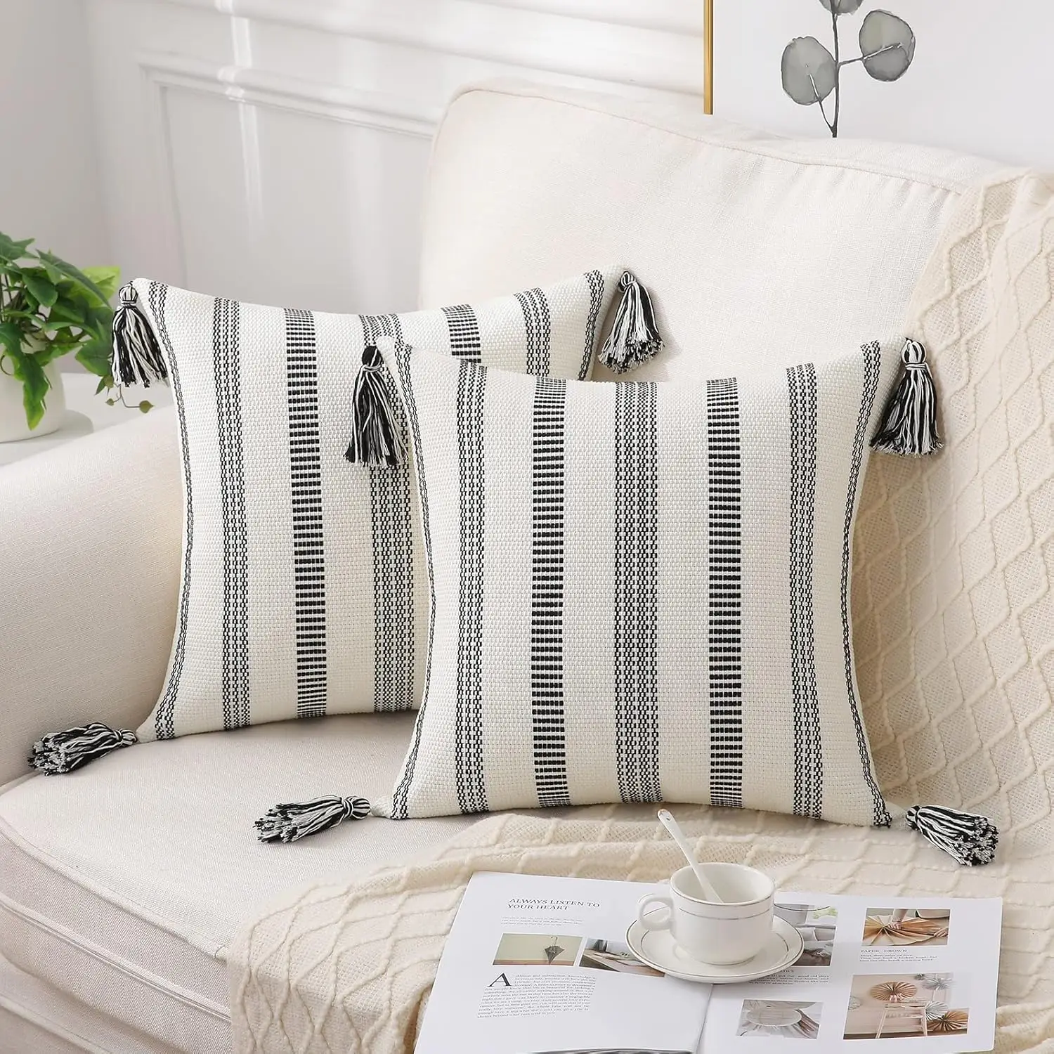 

Spring Boho Outdoor Throw Pillow Covers Set Of 2, Decorative Woven Striped Pillow Covers With Tassels For Couch Bed Sofa, 20X20