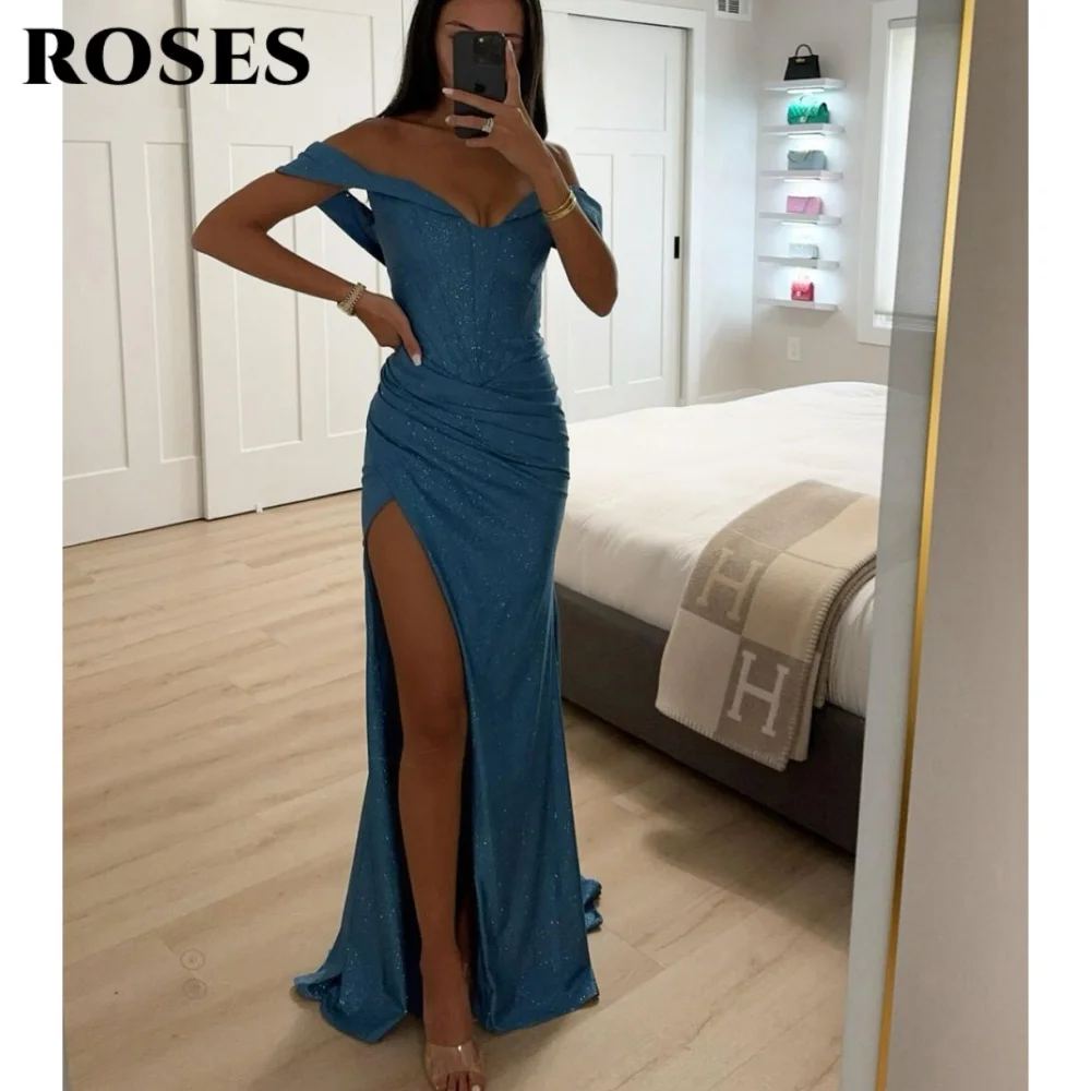 

ROSES Blue Sexy Prom Dress Shiny Sequins Off the Shoulder Prom Gown V-Neck Side High Split Formal Dresses for Woman Customized