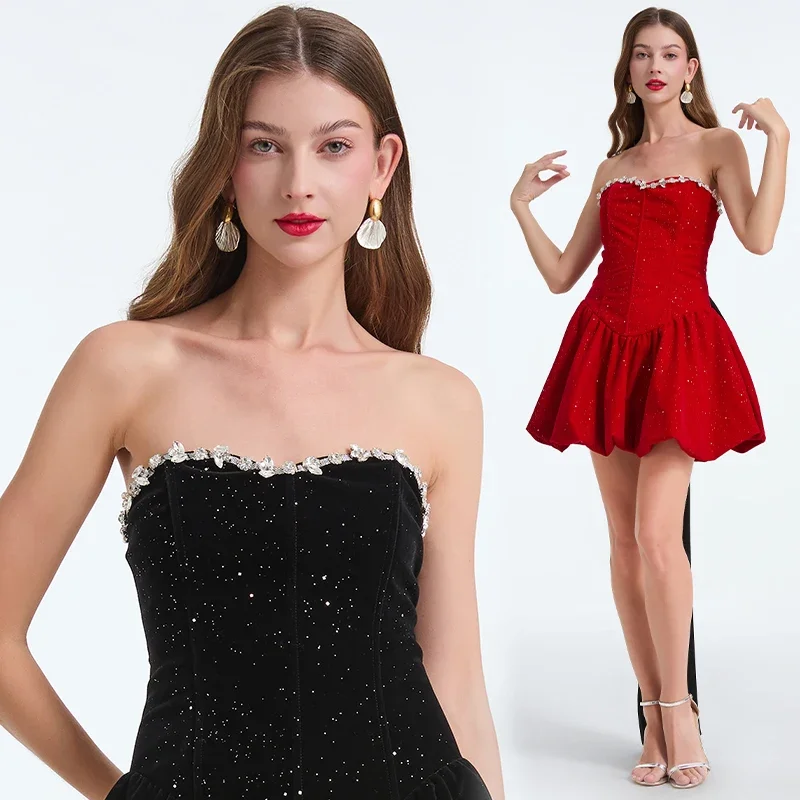 

French style niche diamond studded large bow ribbon strapless dress sexy flower bud fishbone dress for women