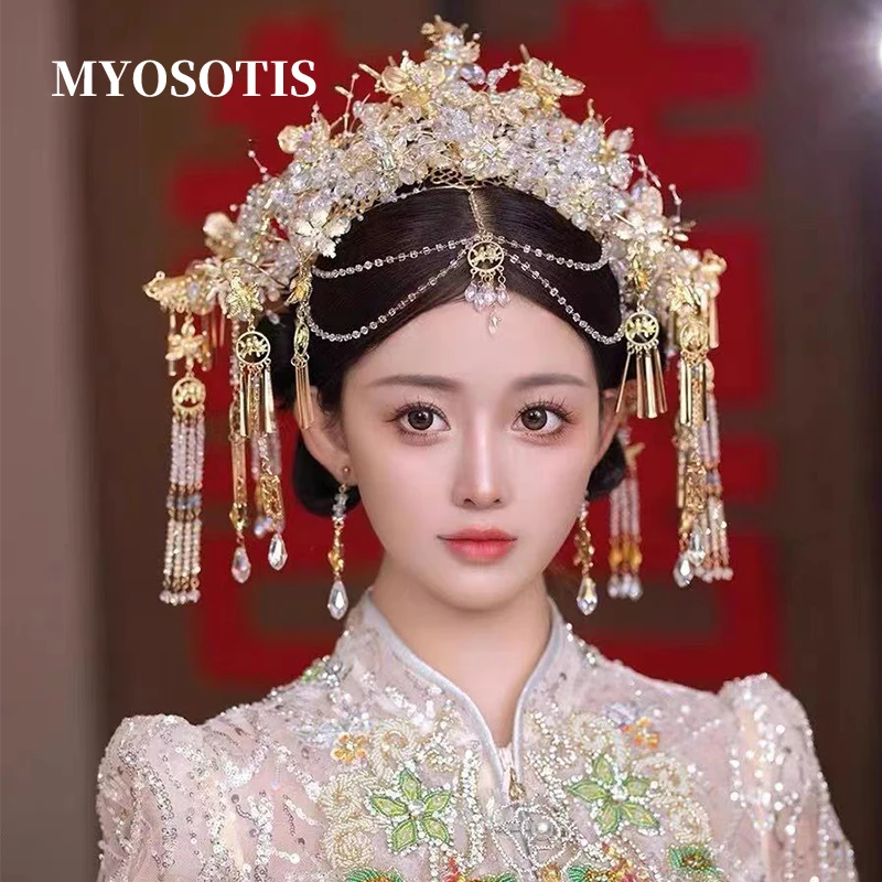 Chinese Wedding Crystal Beaded Phoenix Crown Hair Accessories Luxury Dragon and Phoenix Dress Traditional Hanfu Bridal Hairwear