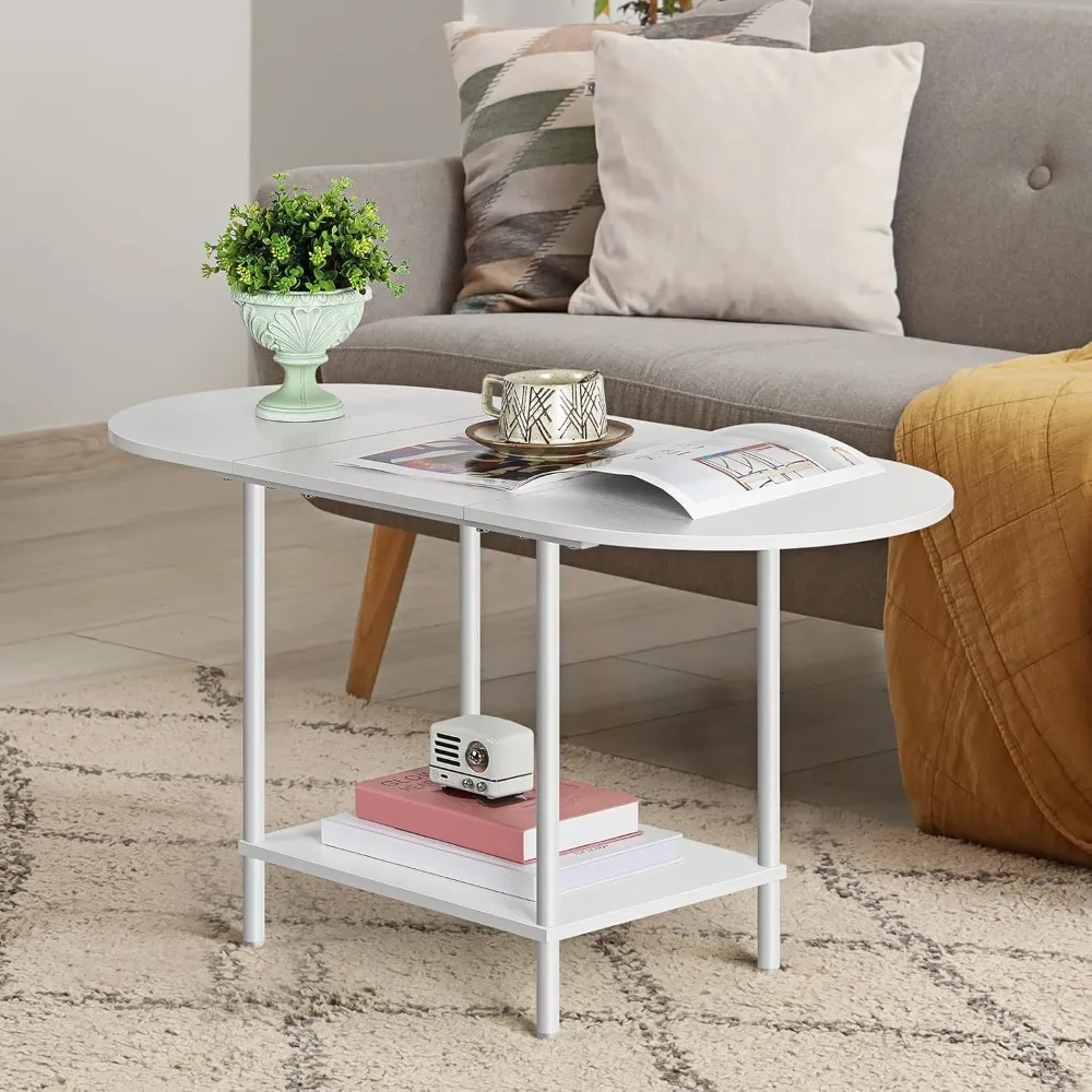 Small Oval Coffee Tables,Modern Low Tea  Table for Small Space,2-Tier Mid Century Center Side Table with Open Shelving,White