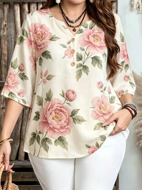 Women Chinese Style Watercolor Peony Floral All‑Over Print Blouse For Curvy Figures Notched Neck 3/4 Sleeve Loose Casual Tops