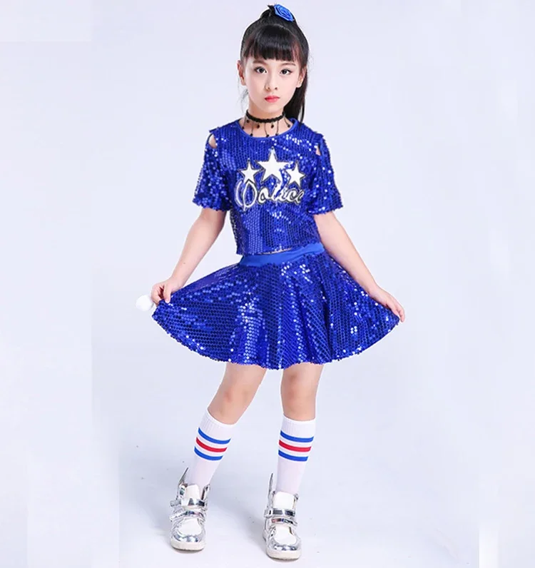New Child Stage Jazz Dance Costumi da cheerleader moderni Hip Hop Boy Girls Crop Top e pantaloni Paillettes Jazz Dance Performance Set