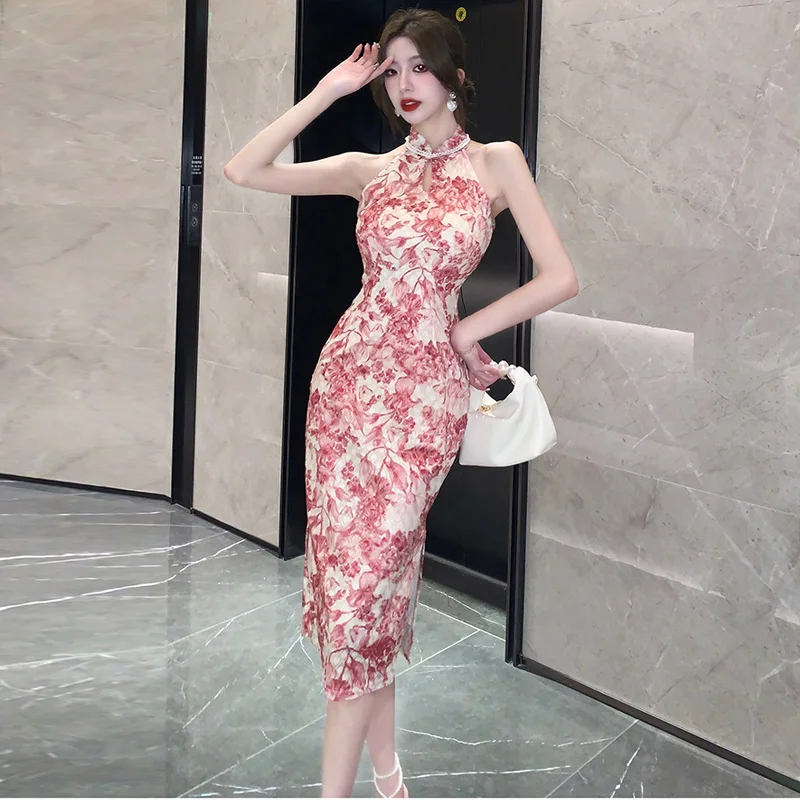 

Ele Ladylike Middle-Length Midi Qipao Dr with Heavy Embroidery Lace Print And Side Slit for Young Women in Their 20s