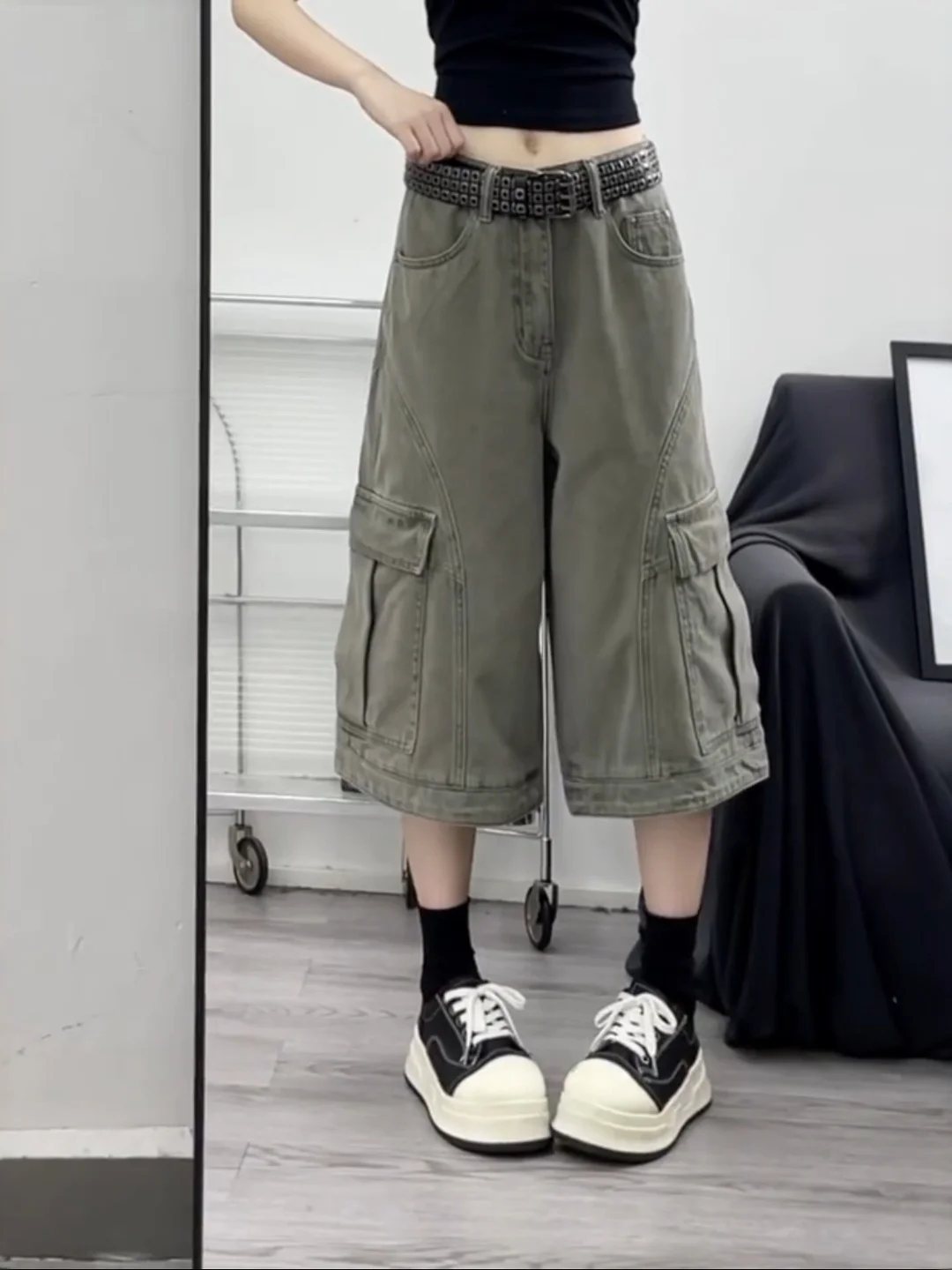 

plus Size Women's High Waist Seven-Foot Grey Denim Jeans Summer Loose Fitting Multi-Pocket Workwear Trousers Commute Style