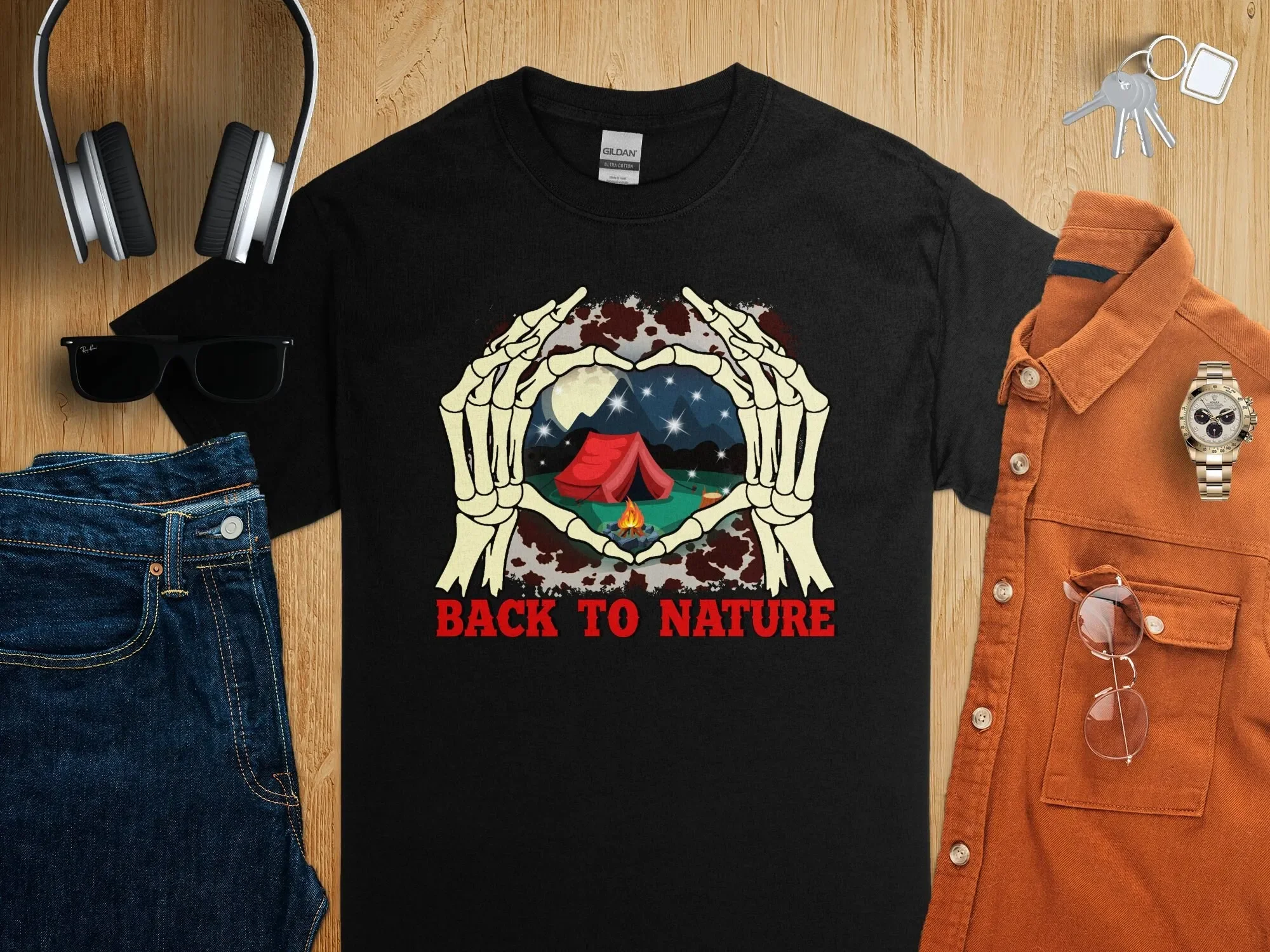 

Camping T Shirt Starry Night and Tent Design Skeleton Hands Back to Nature