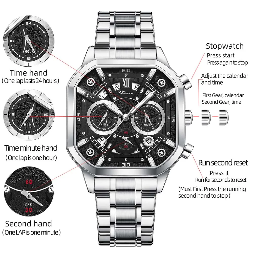 첸시 남성용 다기능 쿼츠 시계, 날짜, 야광, 크로노그래프, 방수 손목시계 (남성용 시계)