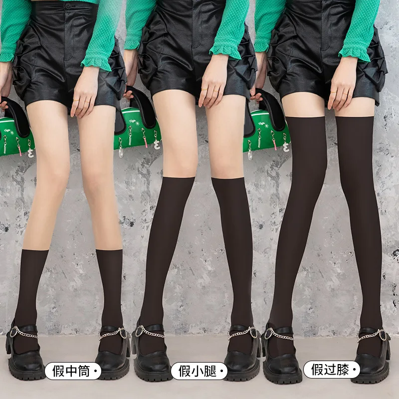 Spring Summer Women Black Stockings Silk Splicing Sexy JK Pantyhose Patchwork Fake Calf  Over Knee White Fake High Ladies Tights