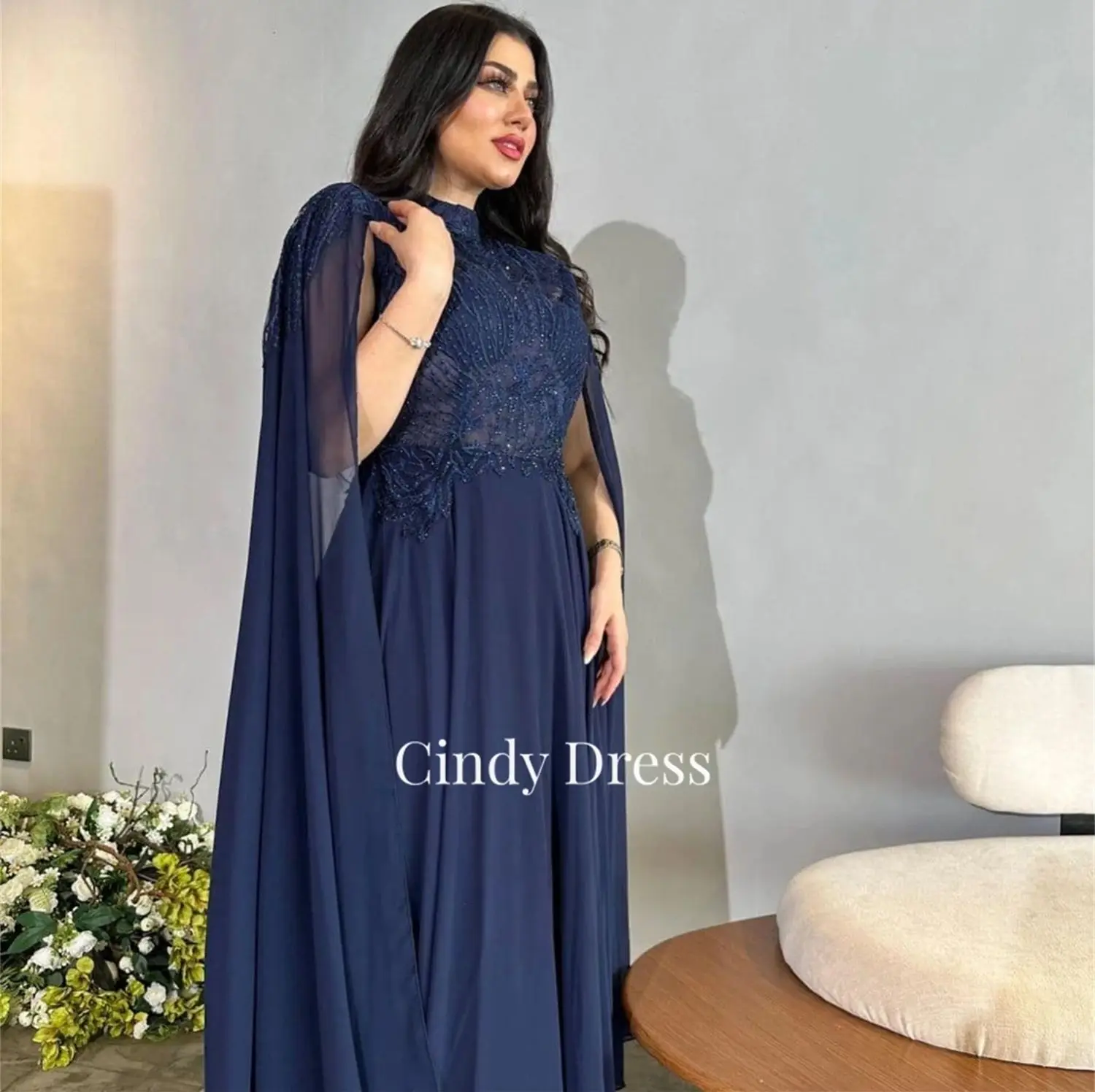 Cindy Evening Dress Bead Embroidery Decoration Eid Luxurious Line A Navy Blue Gown Prom Cocktail of Dresses Party Woman Long