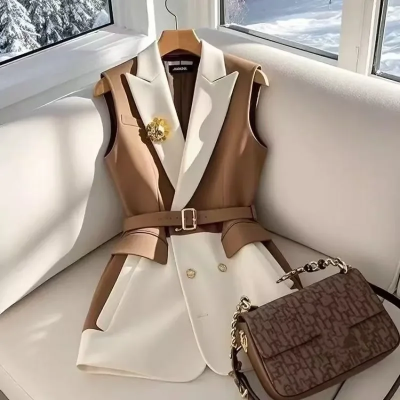 Spring Autumn 2025 New Blazer Sleeveless Vest Women Slim Korean Coat Vest Chic High Street Office Lady Patchwork Waistcoat