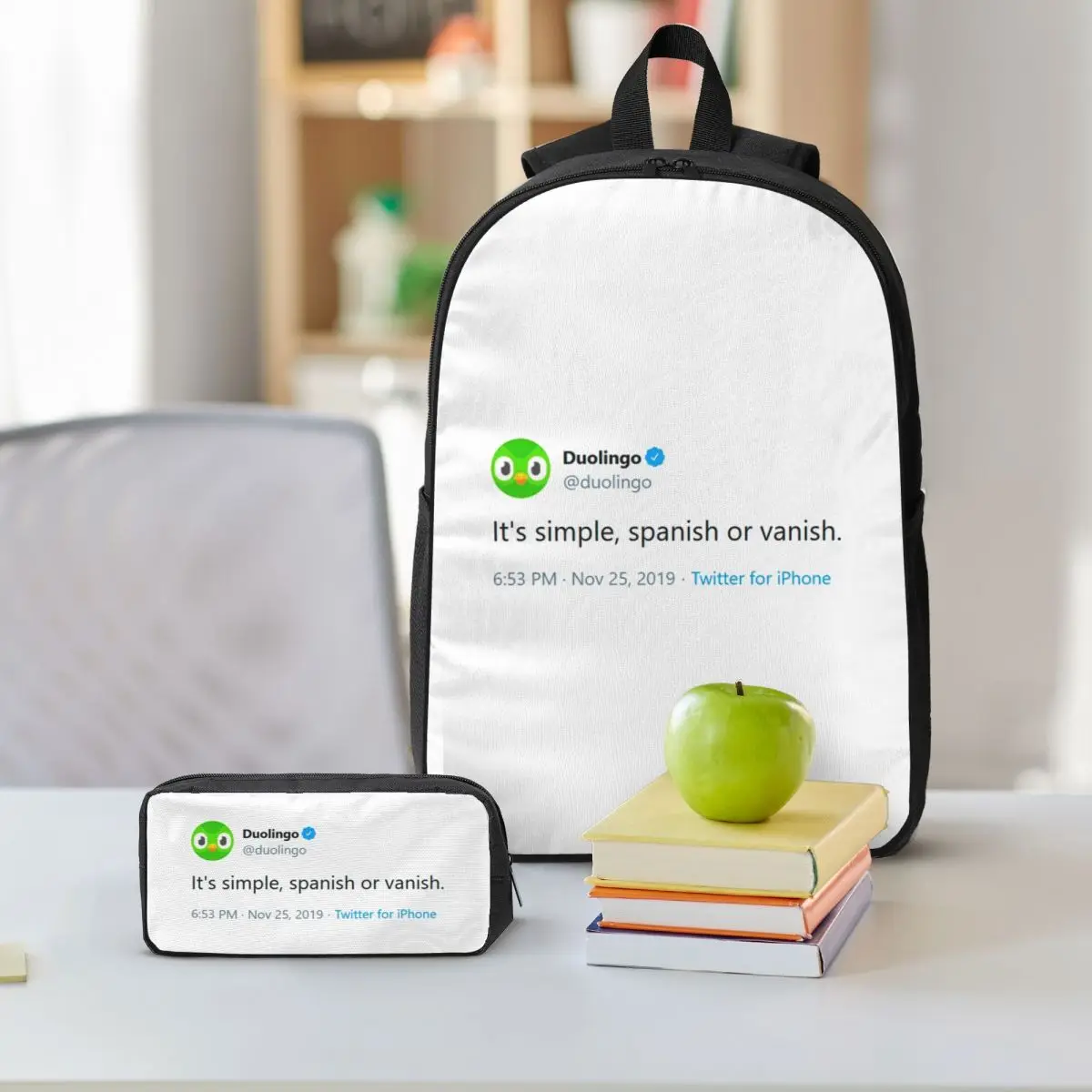 Evil Duolingo Owl Tweet Meme Backpack Boys Girls BookBag School Bag Shoulder Bags 3ps Insulated Lunch Bag Pencil Case