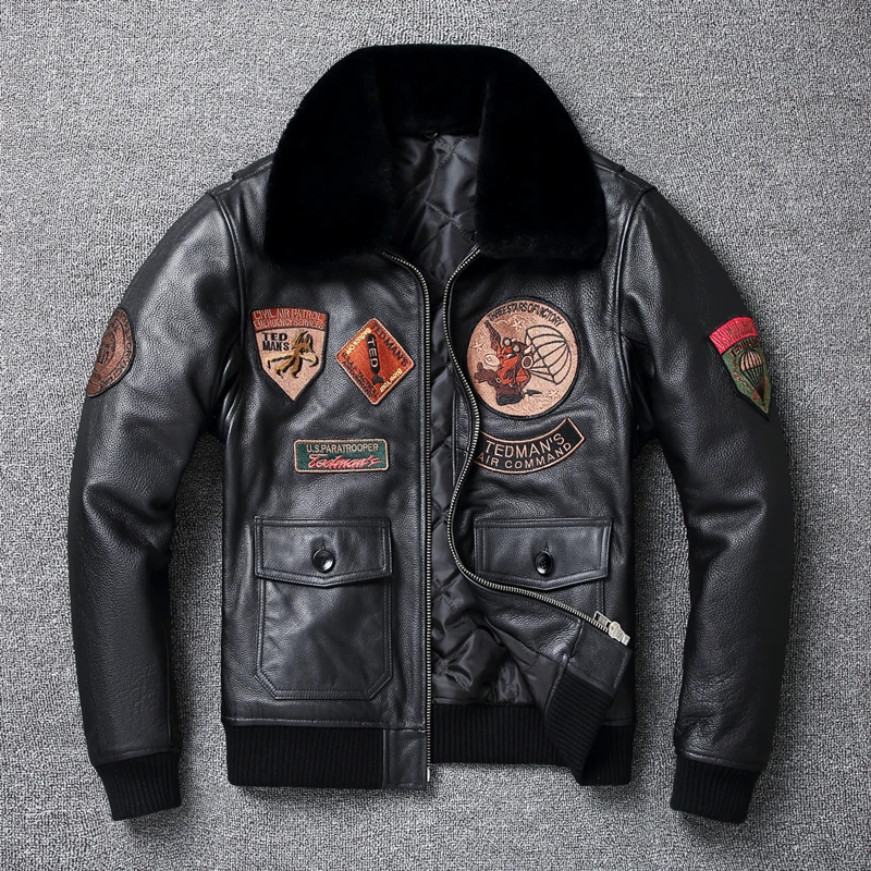 

Top Gun Aviator Genuine Leather Jacket Men's Fur Collar Thickened Natural Real Cowhide Winter Military Style Aviation Coat