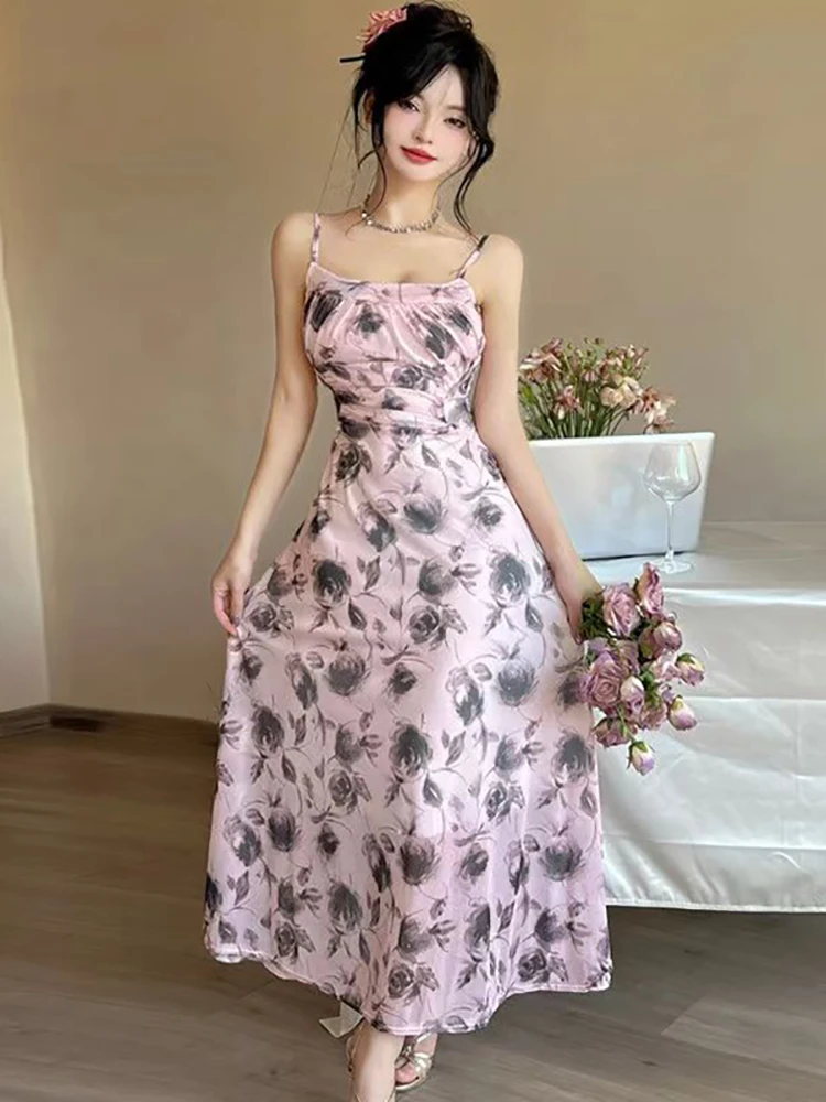 2025 novo azul floral malha chique estilingue maxi vestido feminino elegante casual estilo praia vestido de verão moda coreana bodycon vestido de festa
