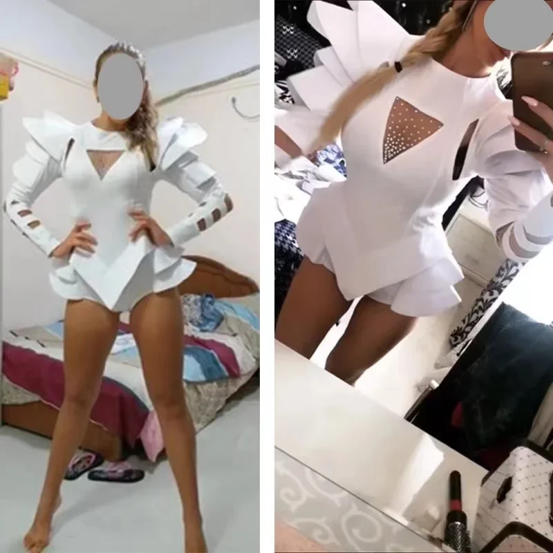 White Fly Shoulder Dance Bodysuit DJ Singer Stage Wear Women Nightclub Bar Groups Performance Costume Rhinestones Bodysuits