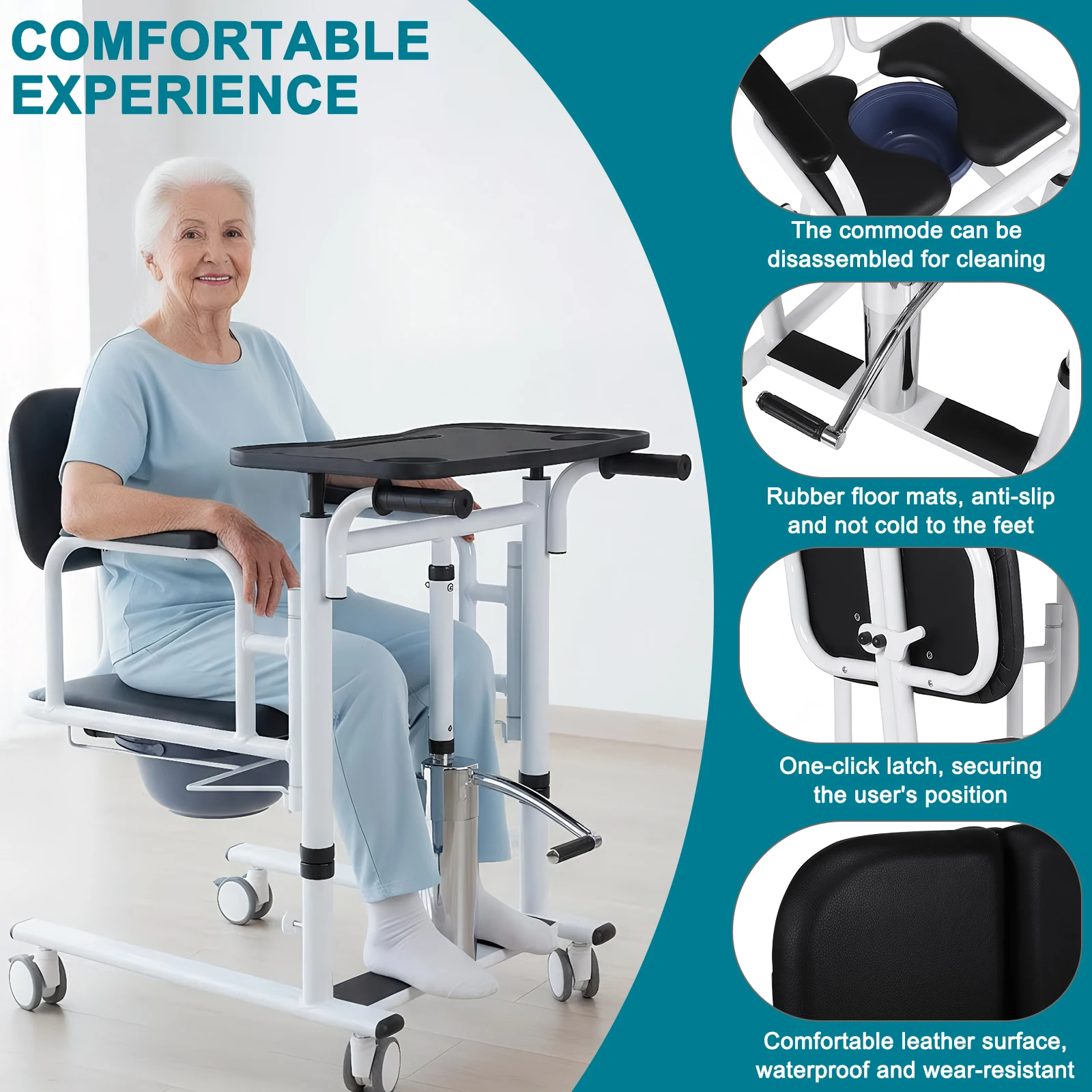 

4 in 1 Footrest Hydraulic Lift Seat with Caster Movable Lift Wheelchair with Chamber Pot Anti-Slip for Senior Adults Handicapped
