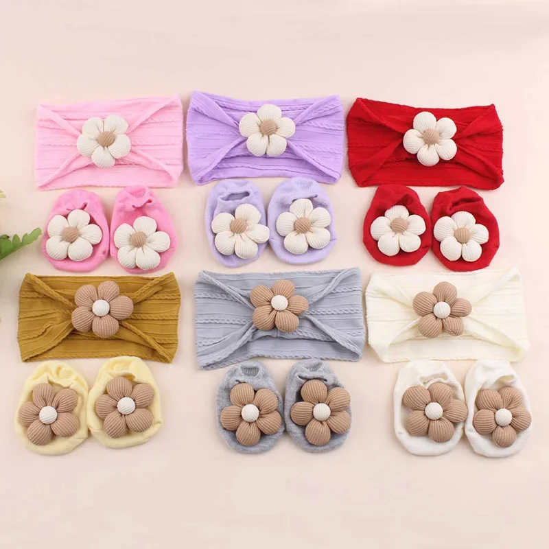 

Baby Headband Socks Set Sweet Flower Boy Girl Nylon Headband Elastic Baby Headwear Anti-Slip Socks Kids Hair Accessories Gift