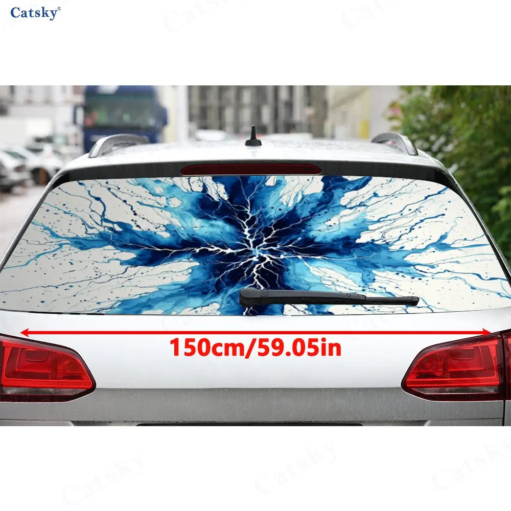 Blue & White Lightning Splatter PVC Perforated Car Rear Window Vinyl Wraps, Durable Waterproof Car Rear Windshield Sticker