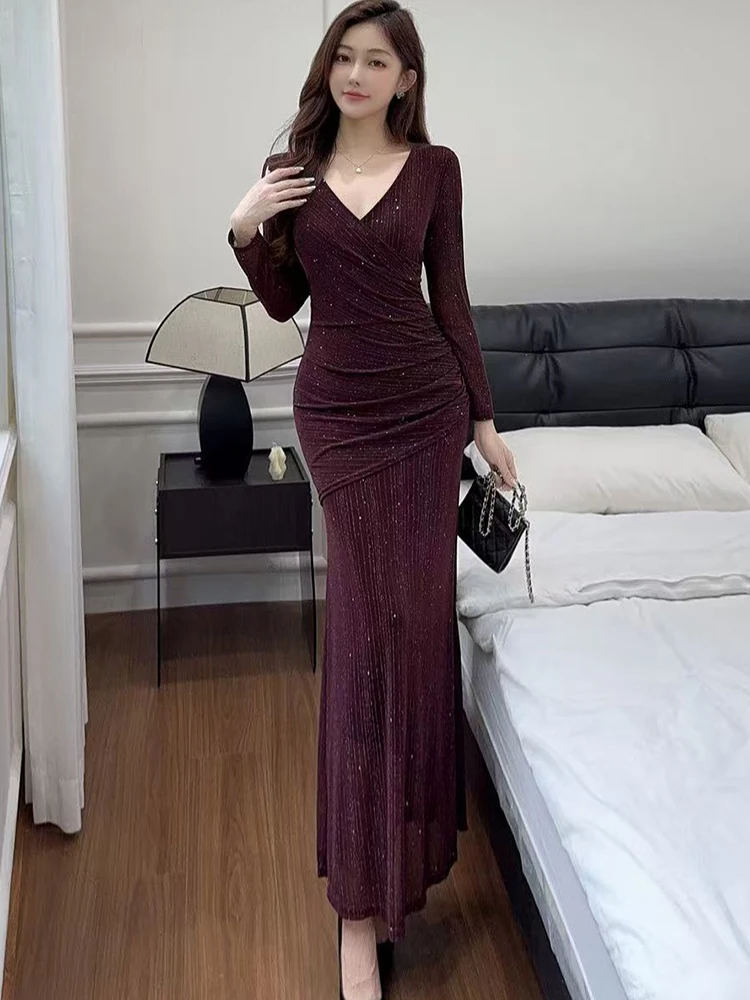 

2025 Purple Mesh Sequins Long Sleeve V-Neck Sexy Long Dress Women Vintage Luxury Evening Dress Autumn Winter Korean Party Dress