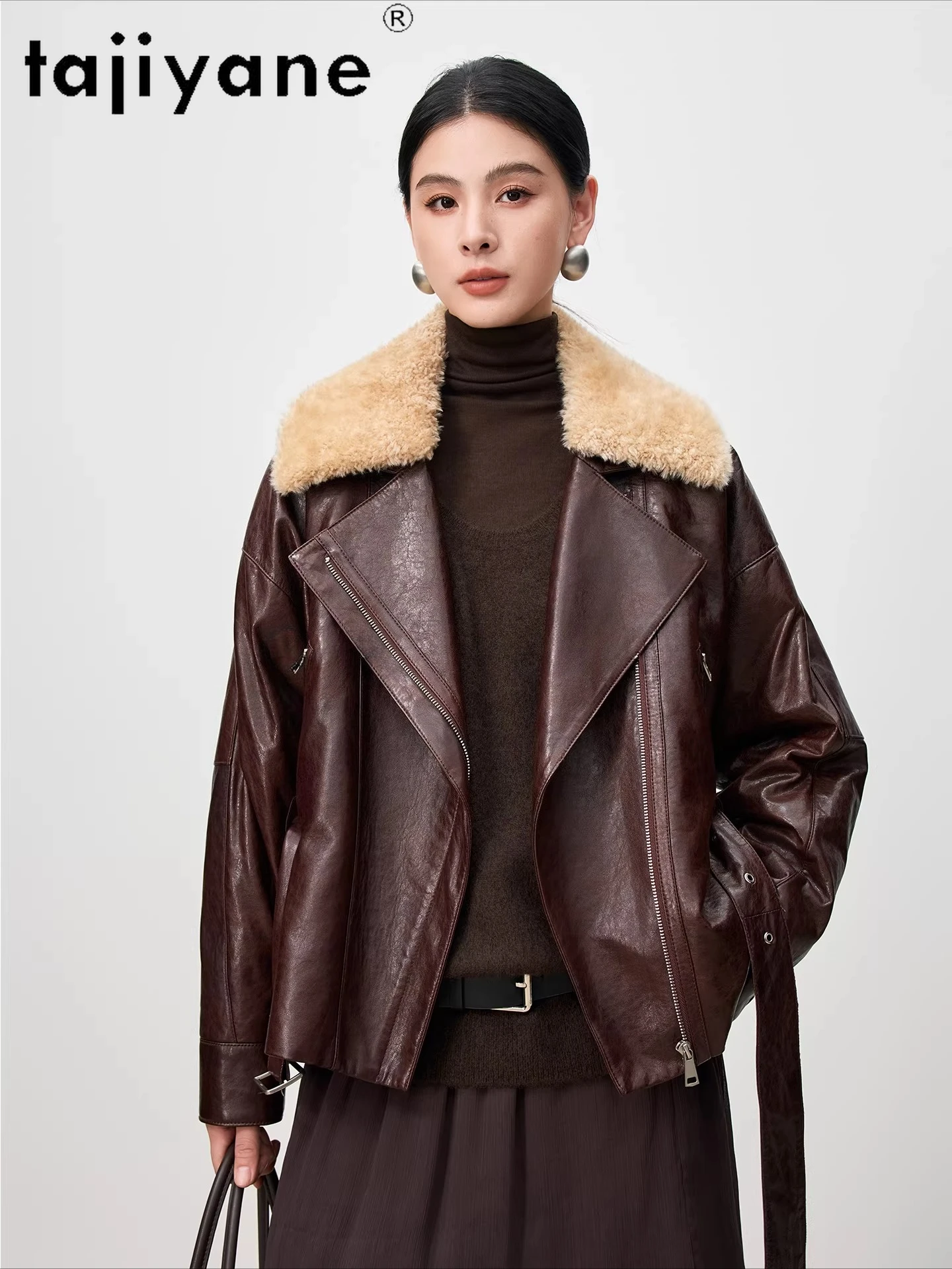 TAJIYANE 리얼 양가죽 구스다운 코트 여성용 울 칼라 패딩 재킷 진짜 가죽 재킷 여성용 2025 여성 의류