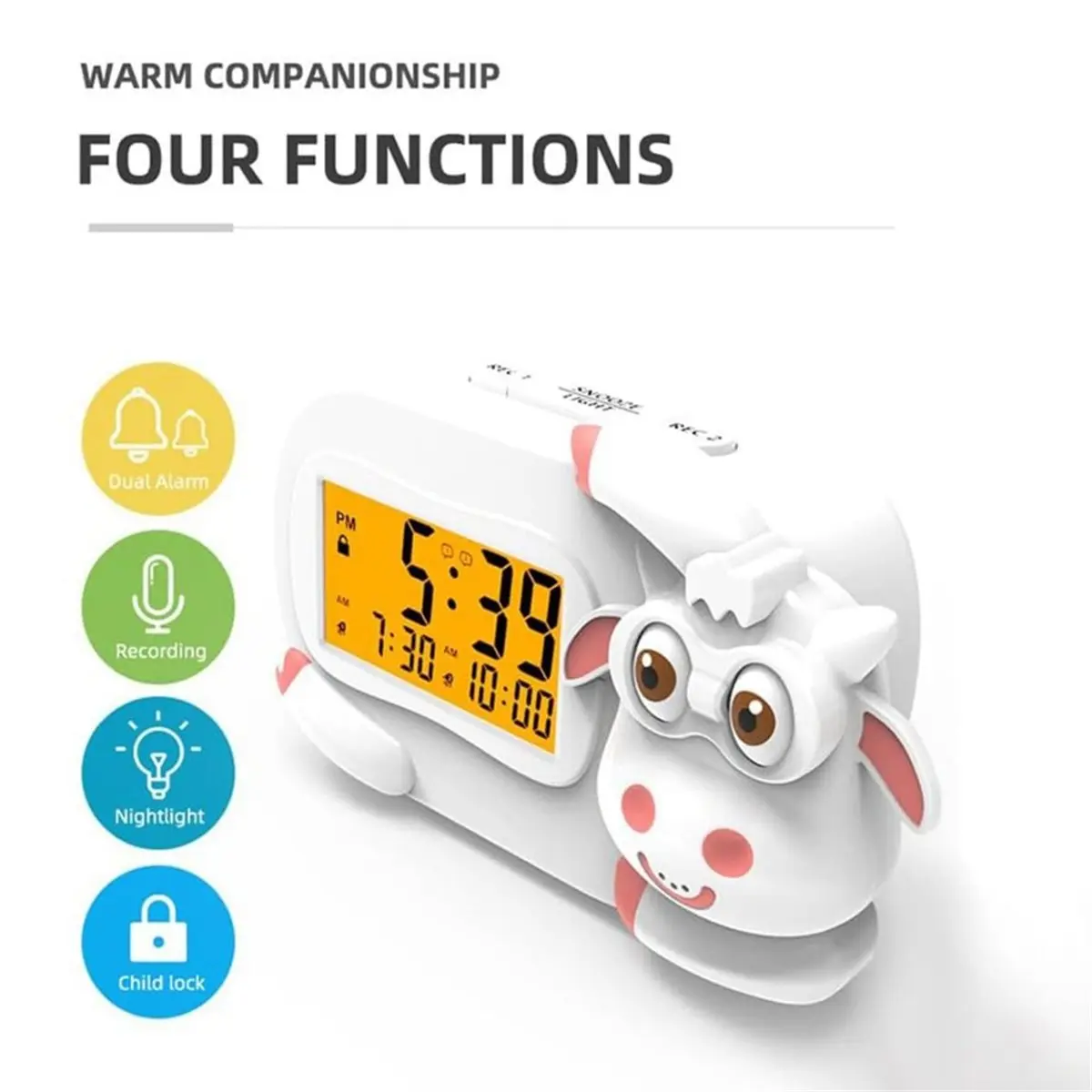 【MUST-HAVE LIST】 Sleep Training Alarm Clock, Cartoon Cow Digital Clock, Voice Recording Dual Alarms, Child Lock for Kids US Plug