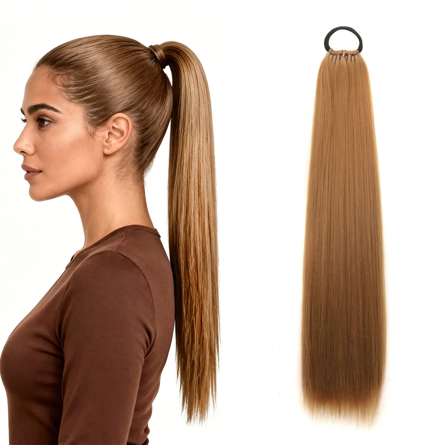 24-Inch Long Straight Synthetic Drawstring Ponytail, No Shedding No Odor, Easy Clip-in for Extra Length & Volume