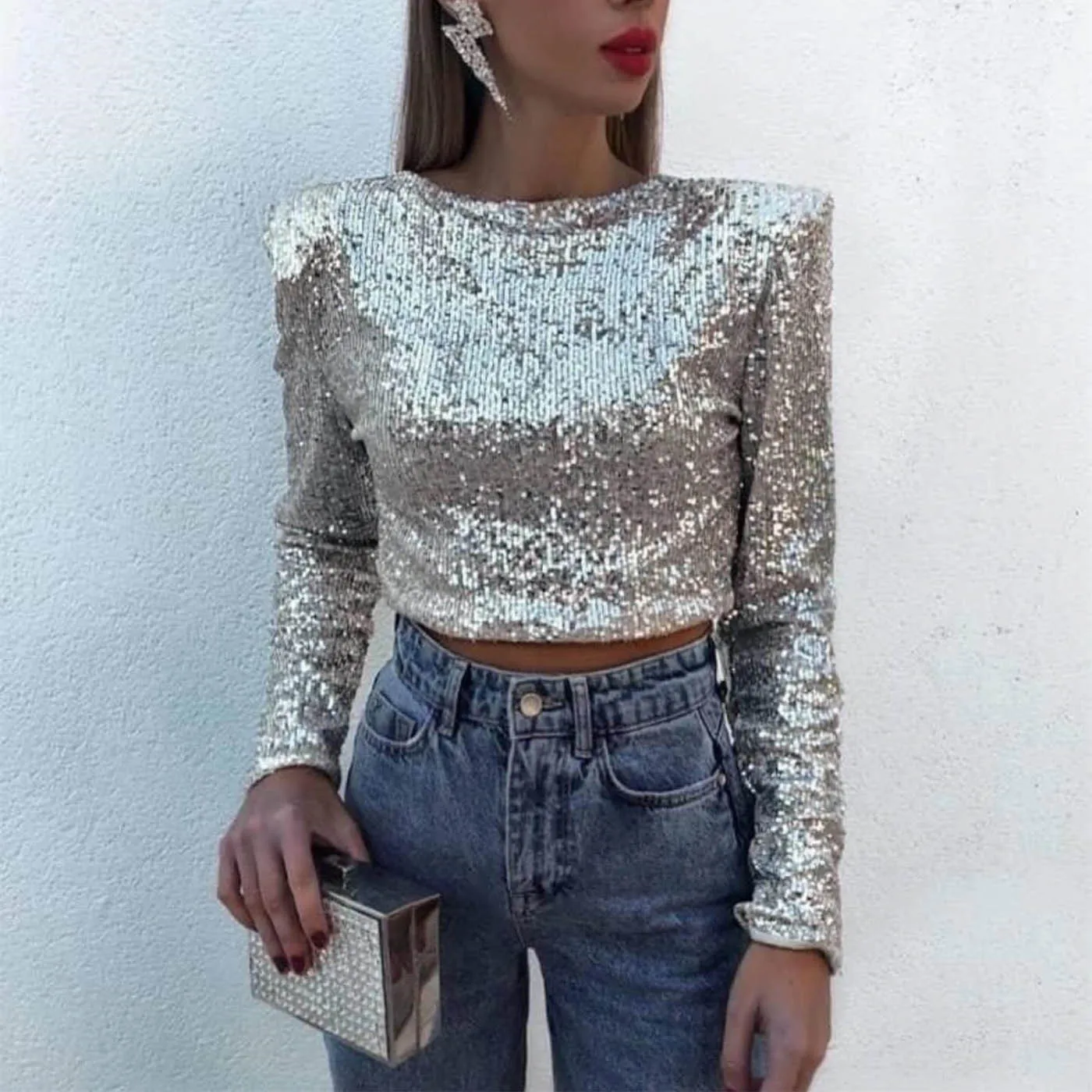 Sequin Long Sleeve Crop Top for Women Round Neck Glitter Shiny Party T-shirt Party Culb Basic Tops Casual Pullover Tee Evening