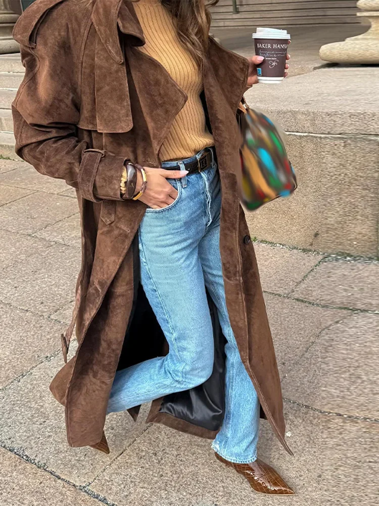 Vintage Suede Long Jackets Women Loose Lapel Double Breasted Belts Coats Female 2025 Autumn Winter Fashion Solid Thick Outwears