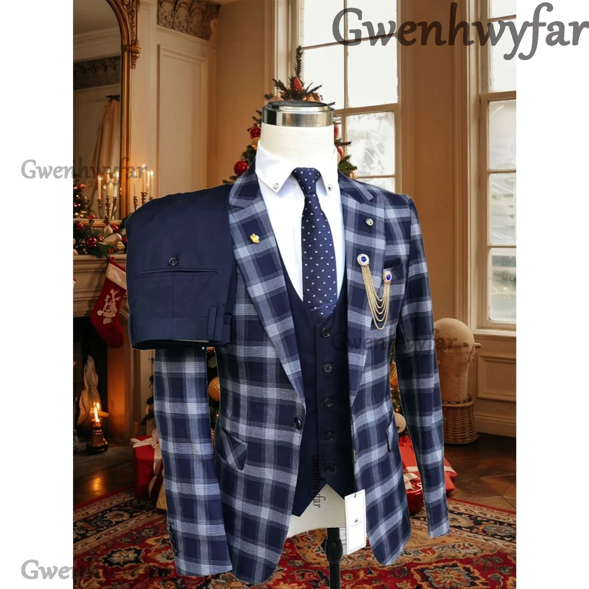 

Gwenhwyfar Checkered Fabric 3 Pieces Italian Gentleman Style Wedding Man Tail Coat Groom Prom Tuxedos Formal Mens Suits Party