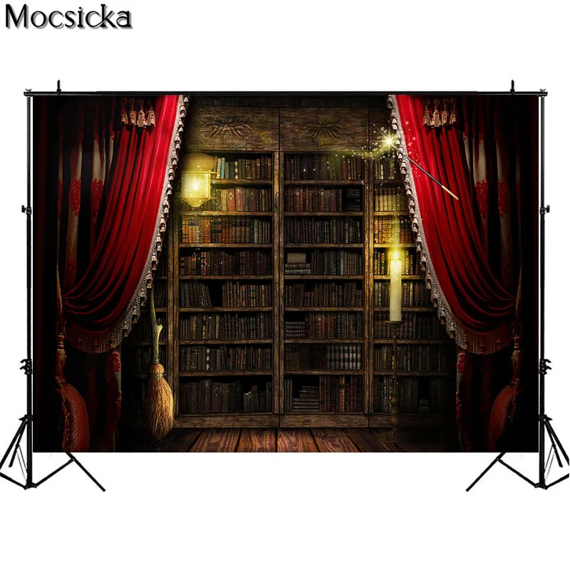 Magic Bookshelf Photography Backdrops Vintage Bookcase Library Wood Book Stand Kids Portrait Background Photo Studio Photocall