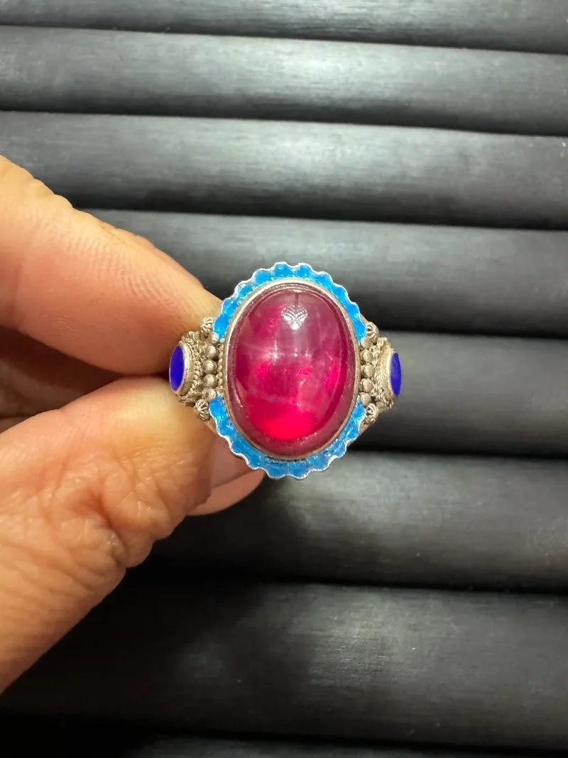 

Tibetan Silver Cloisonne Ring, Inlaid Star Ruby, Retro Ethnic Style, Adjustable Open Band, Unisex Vintage Finger Jewelry