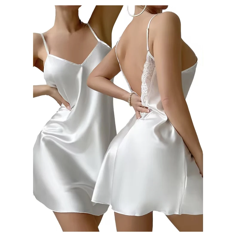 Sexy Female Lingerie Nightgown Patchwork Lace Backless Spaghetti Strap Nightdress Sleepwear Silky Satin Lounge Wear Home Dress view 6