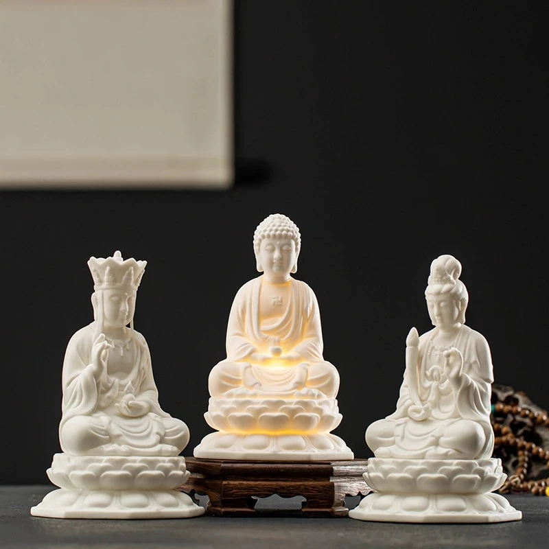 

CeramicAvalokitesvara, Shakyamuni, Ksitigarbha Statue white porcelain material Built-in LED light Home Decoration Buddha Statue